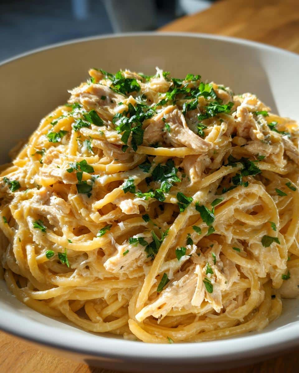 A close-up of Crockpot Garlic Parmesan Chicken Pasta, generously topped with fresh parsley.