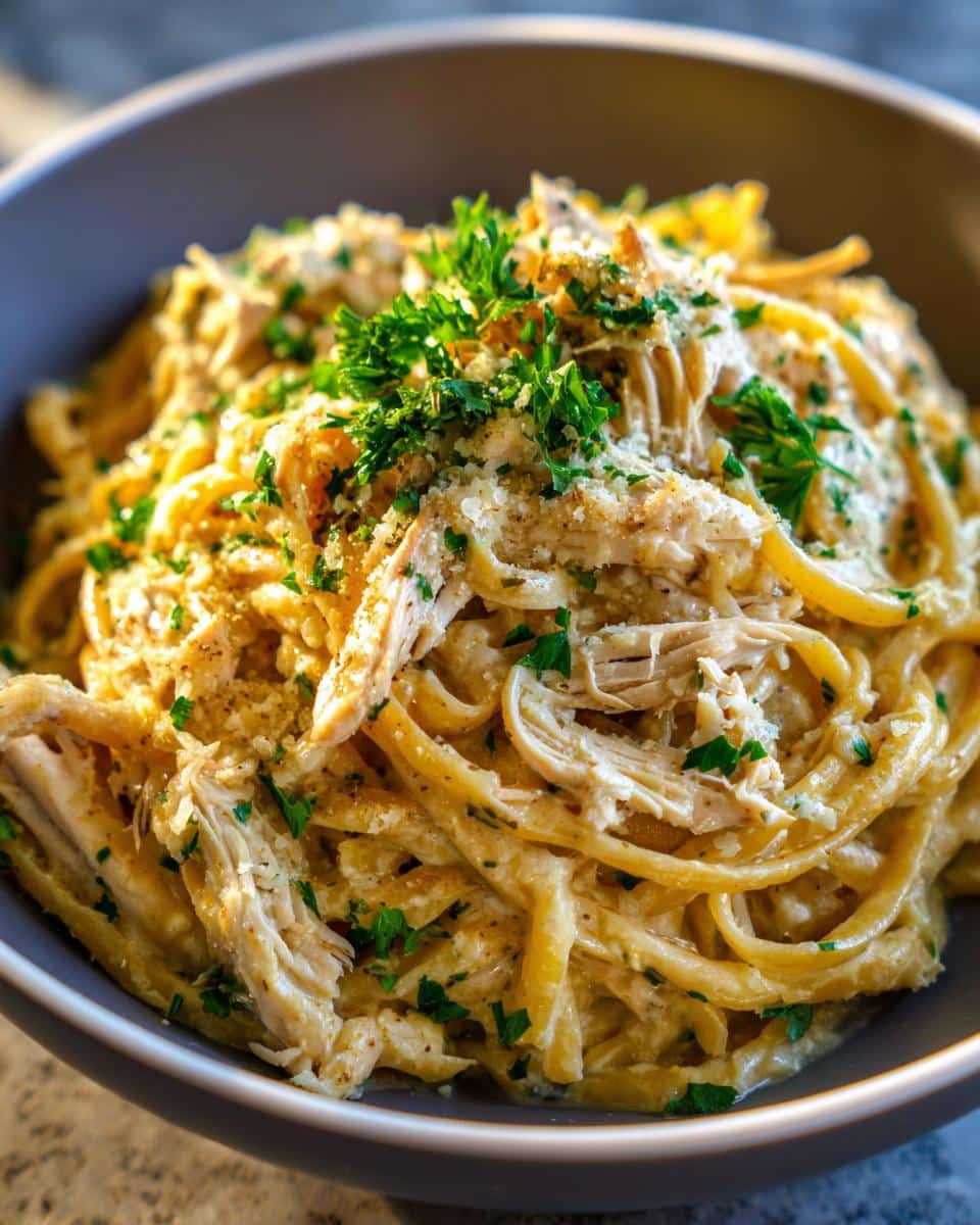 A close-up of Crockpot Garlic Parmesan Chicken Pasta in a bowl, topped with shredded chicken and parsley.