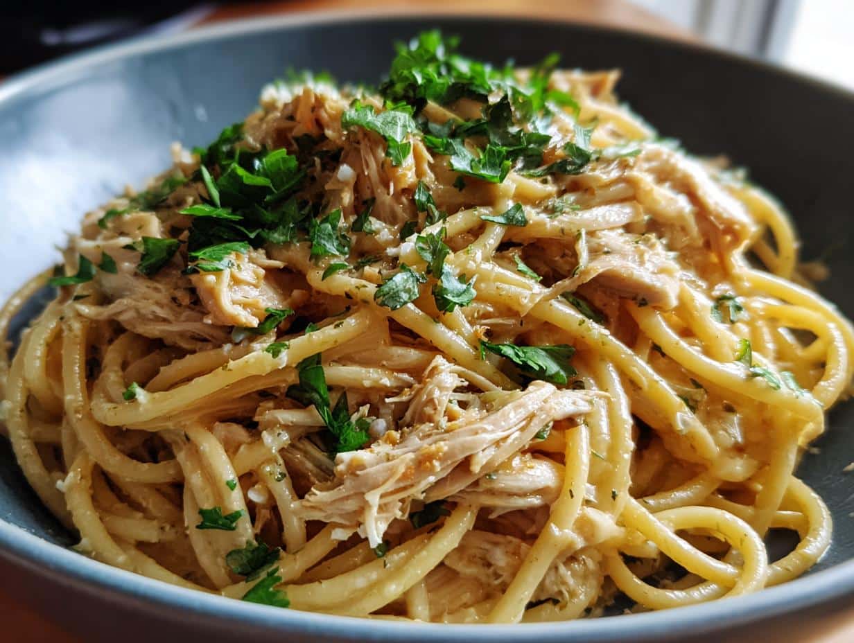 A close-up of Crockpot Garlic Parmesan Chicken Pasta, featuring spaghetti noodles coated in creamy sauce with shredded chicken and fresh parsley.