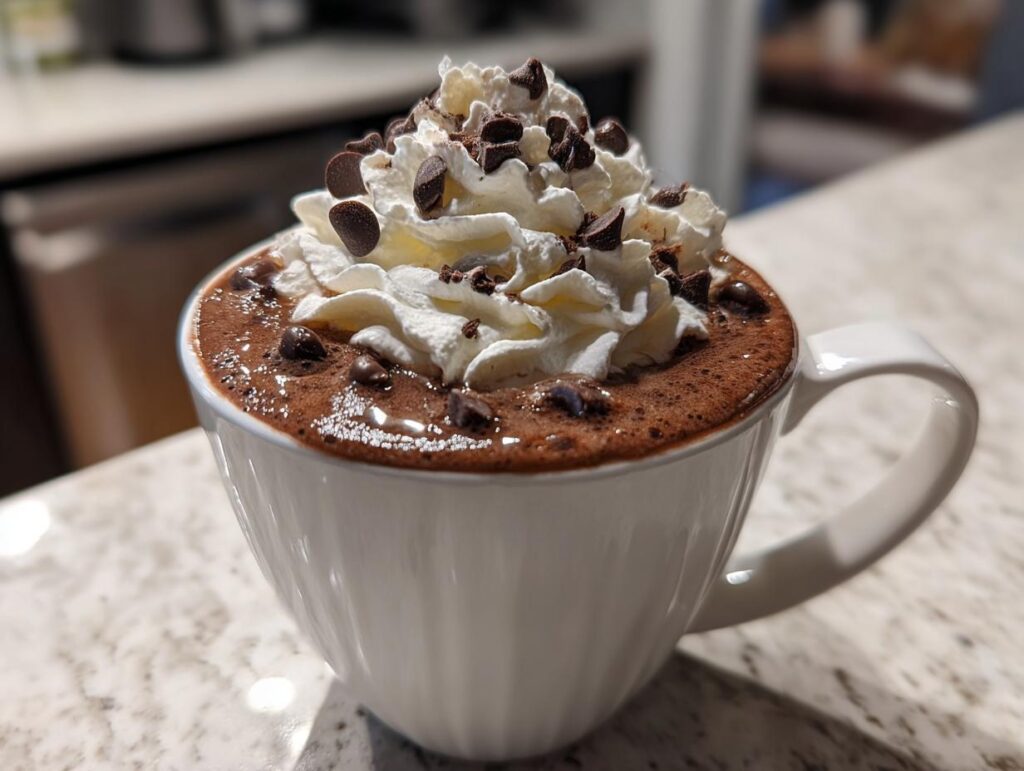A warm mug of crockpot hot chocolate topped with whipped cream and chocolate chips.