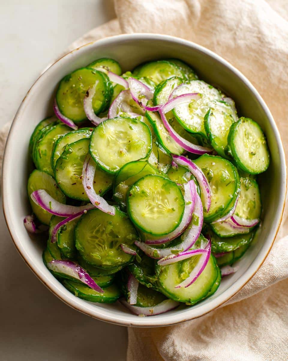 Bowl of refreshing cucumber salad with thinly sliced cucumbers and red onion.