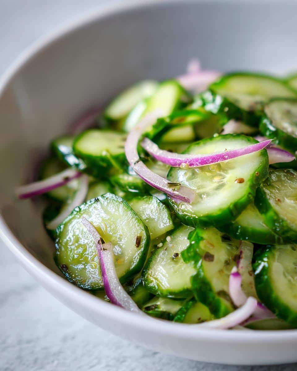 Overhead shot of a bowl of Cucumber salad with sliced cucumbers, red onion, and herbs.