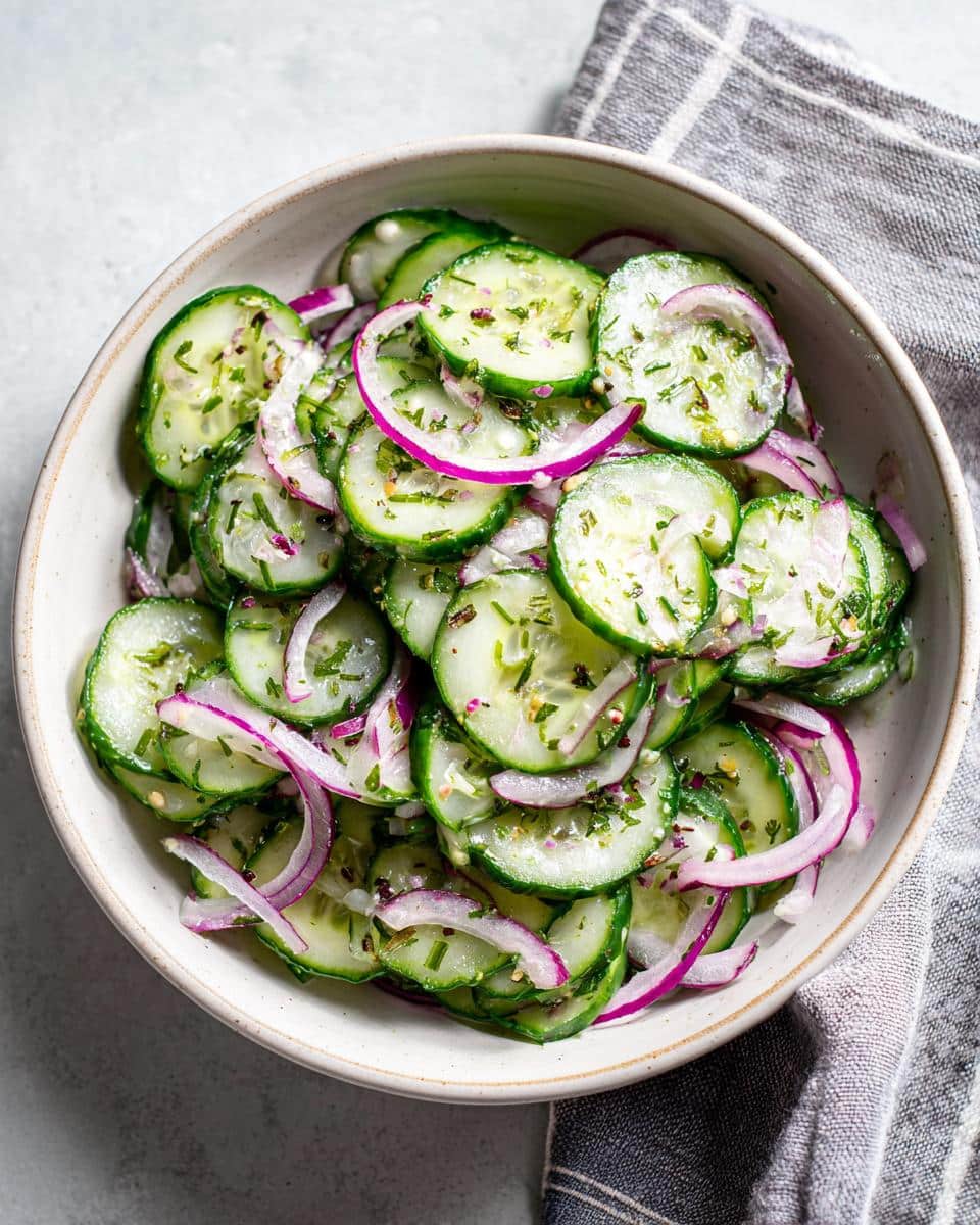 Bowl of fresh cucumber salad with sliced cucumbers and red onion.