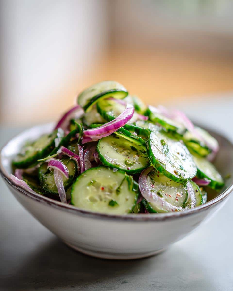 Bowl of fresh cucumber salad with sliced cucumbers and red onion.