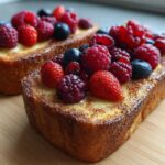 Two slices of custard yogurt toast topped with fresh raspberries, blueberries, and strawberries.