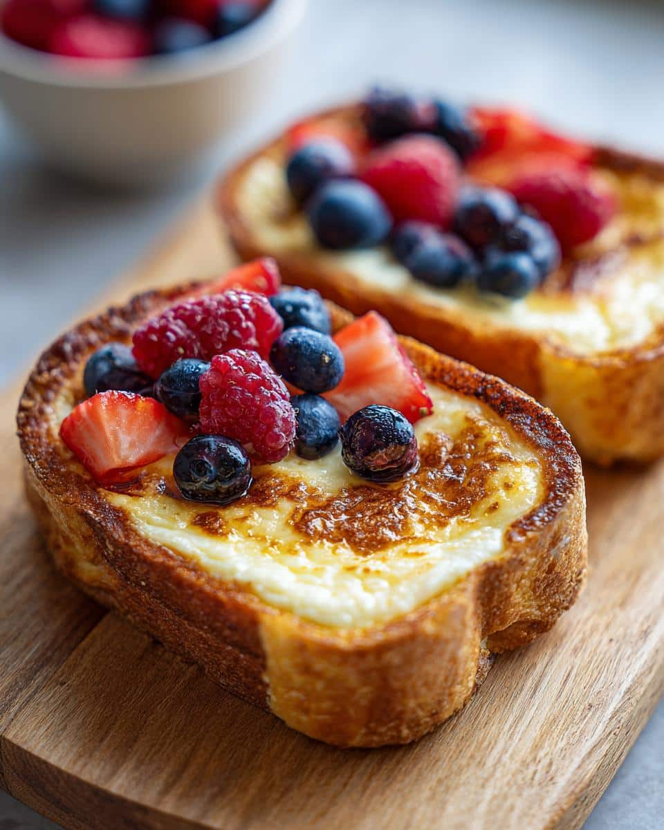 Two slices of custard yogurt toast topped with fresh raspberries, blueberries, and strawberries.
