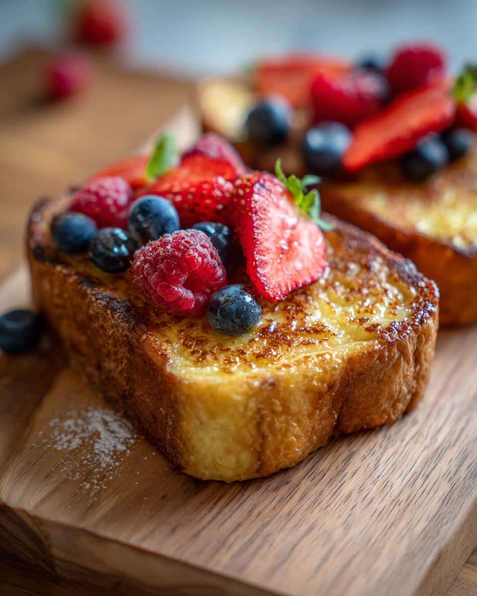 Close-up of Custard yogurt toast topped with fresh raspberries, blueberries, and strawberries on a wooden board.