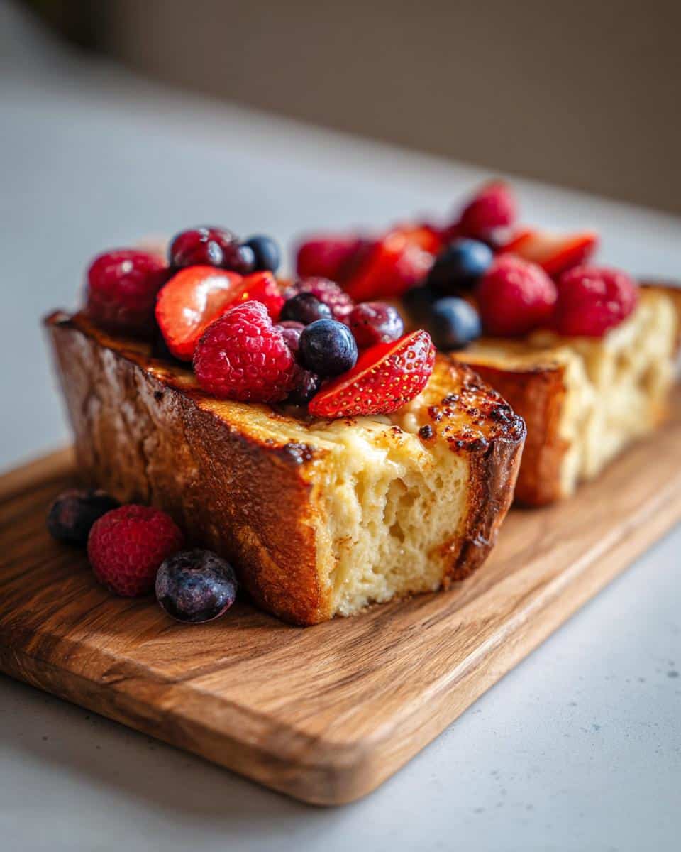 Close-up of Custard yogurt toast topped with fresh raspberries, blueberries, and strawberries on a wooden board.