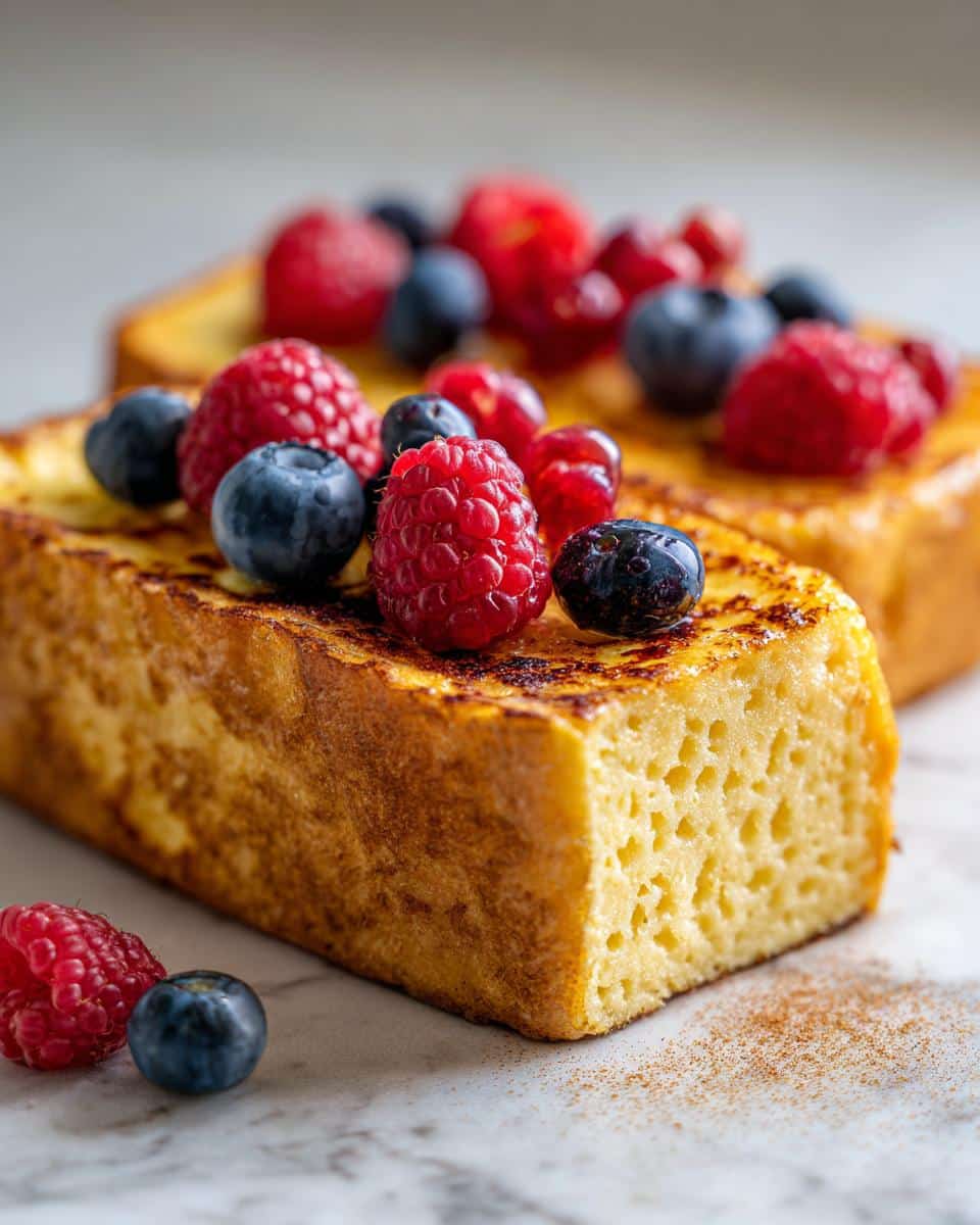 Close-up of custard yogurt toast topped with fresh raspberries and blueberries. Delicious breakfast treat.