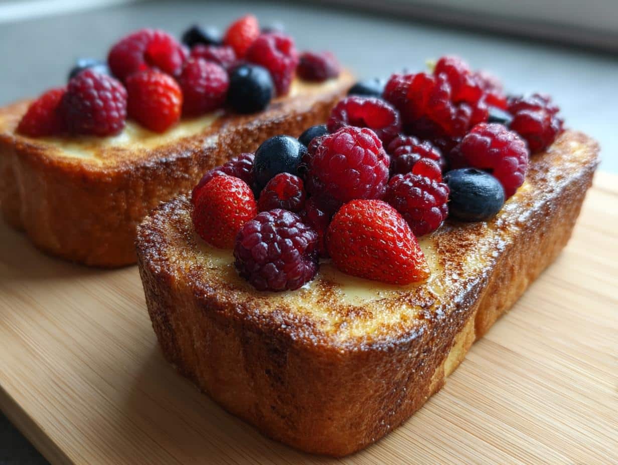 Two slices of custard yogurt toast topped with fresh raspberries, blueberries, and strawberries.