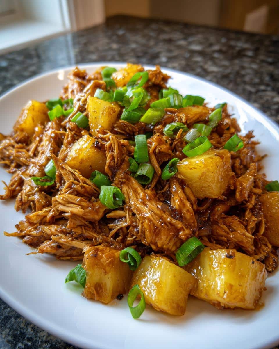 A close-up of shredded chicken in a glossy sauce, topped with chunks of pineapple and chopped green onions, a perfect example of dump and go crockpot dinners easy.