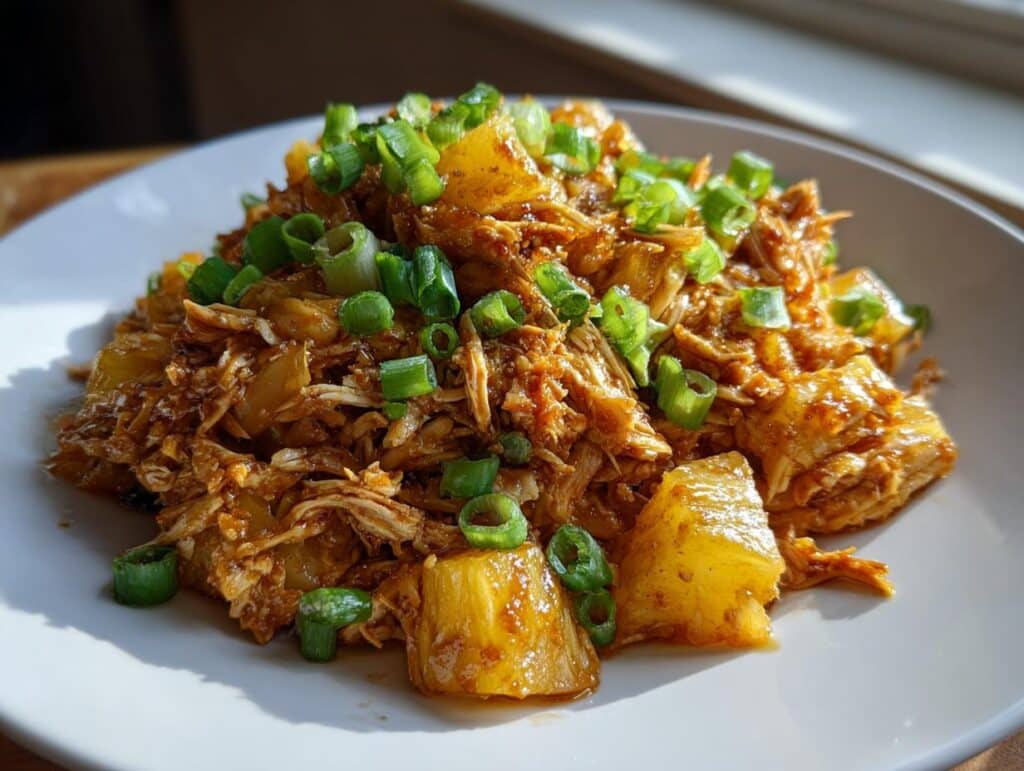Close-up of shredded chicken with pineapple chunks and green onions, a delicious dump and go crockpot dinners easy recipe.
