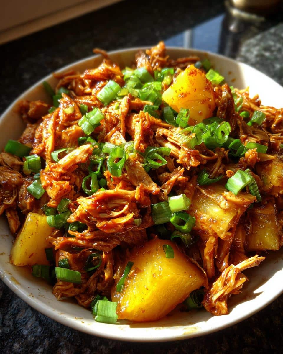 A bowl of shredded chicken with pineapple chunks and green onions, a perfect dump and go crockpot dinner.