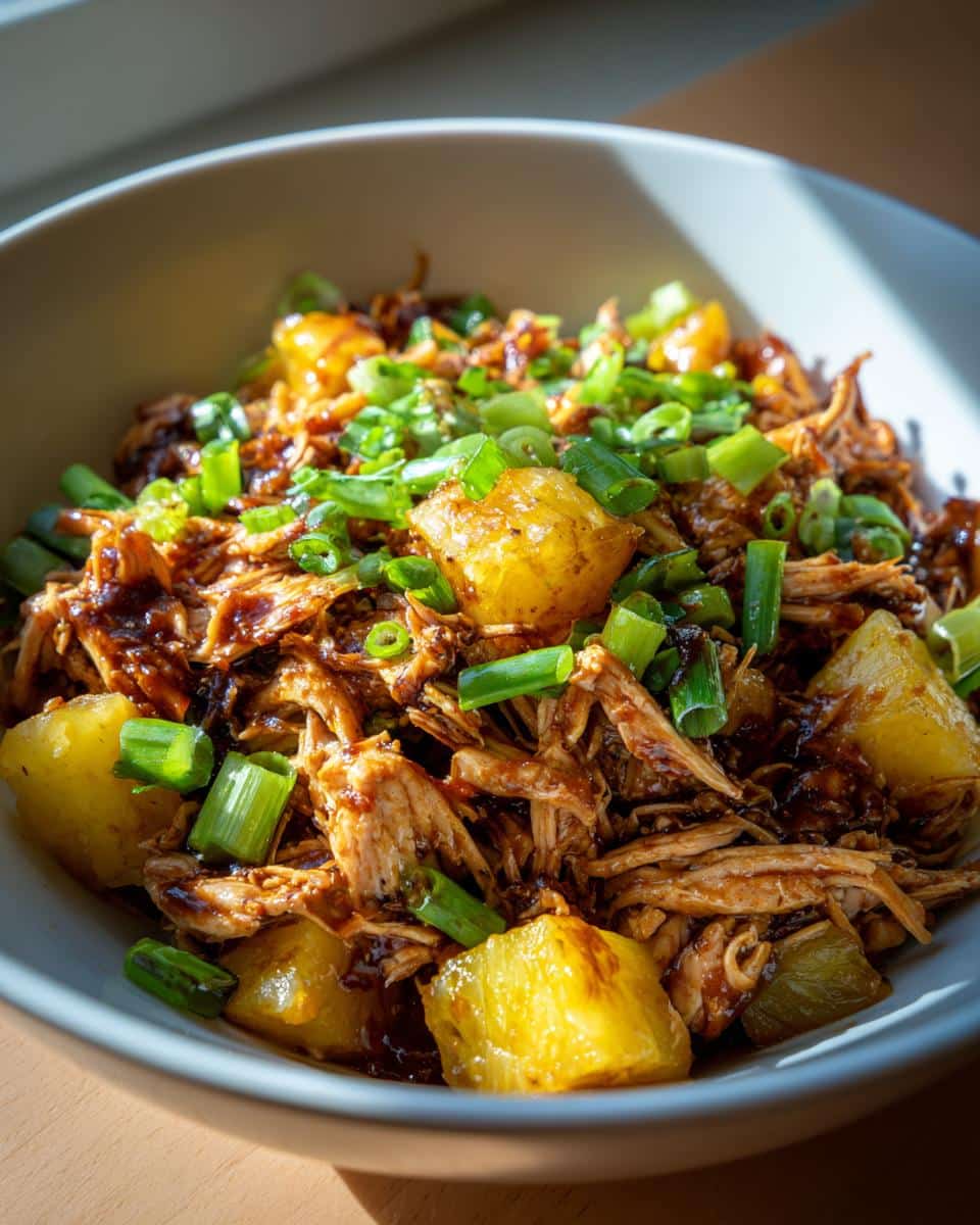 Close-up of shredded chicken with pineapple chunks and green onions, a delicious dump and go crockpot dinners easy meal.