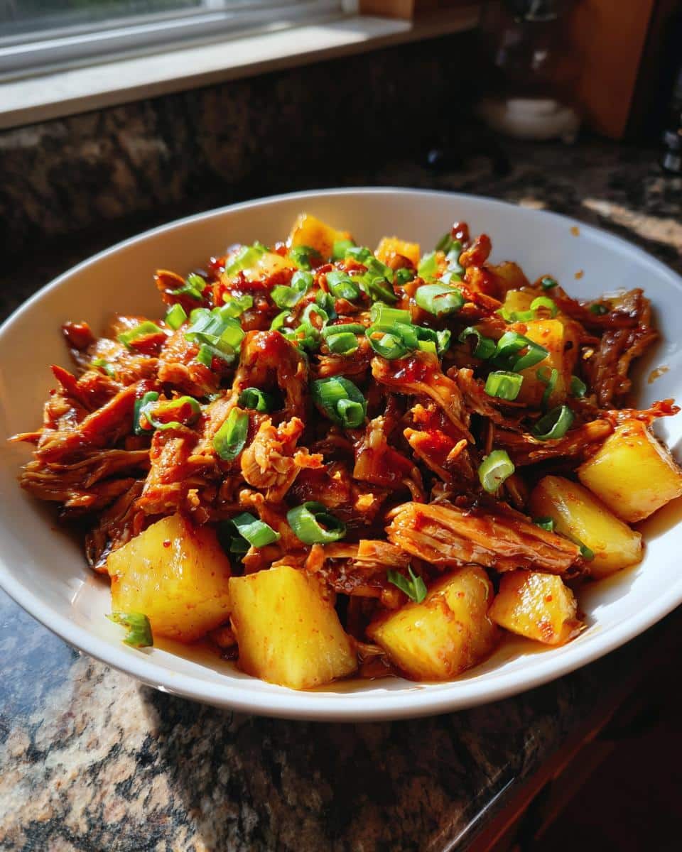 A bowl of shredded pulled pork with chunks of pineapple, garnished with green onions, a perfect dump and go crockpot dinner.