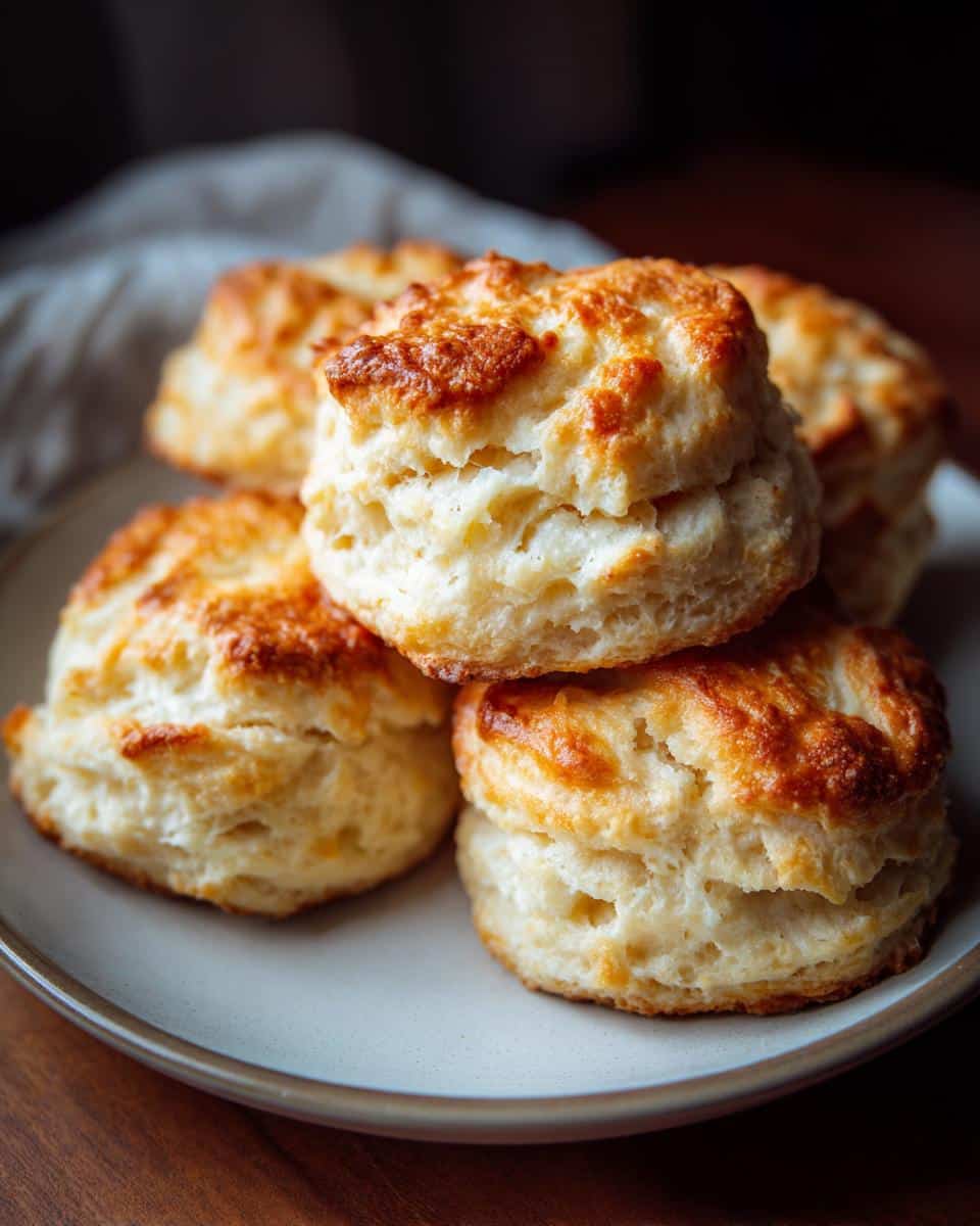 A stack of golden-brown, fluffy homemade biscuits on a light-colored plate, ready to be served.