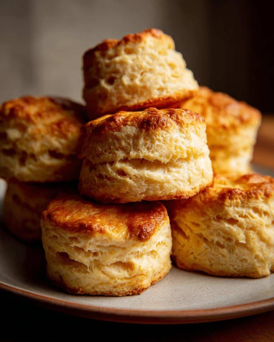 A stack of golden-brown, fluffy homemade biscuits on a light grey plate.