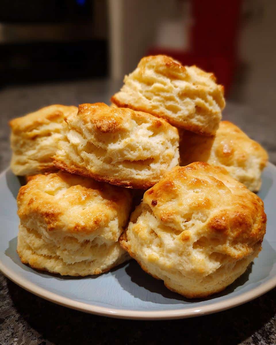 A stack of golden brown, fluffy homemade biscuits on a light blue plate, showcasing their flaky layers.
