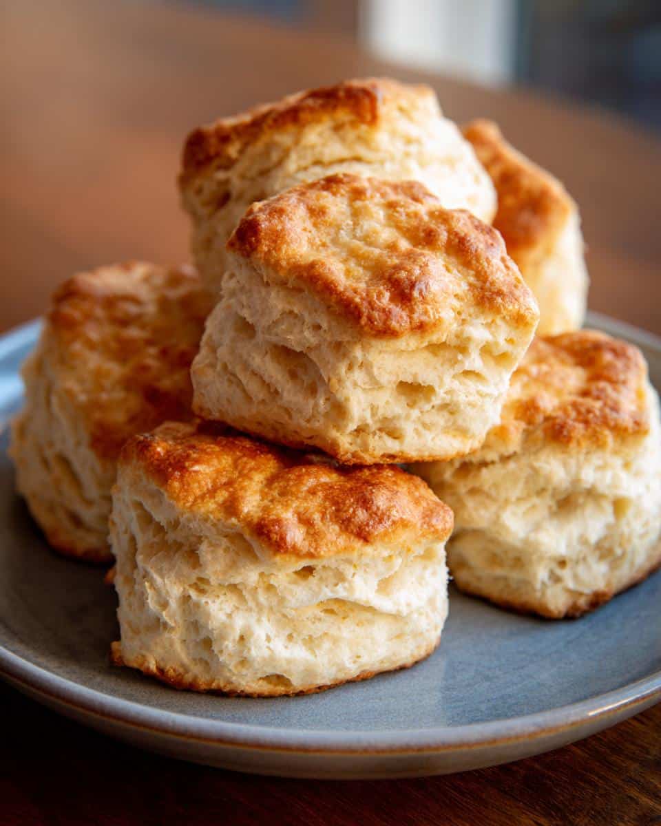 A stack of golden-brown, fluffy homemade biscuits on a blue plate, ready to be served.