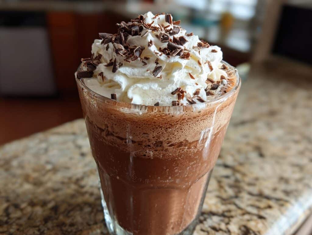A tall glass filled with a frothy, chocolatey frozen hot chocolate recipe topped with whipped cream and chocolate shavings.
