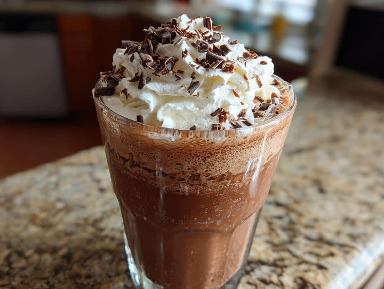 A tall glass filled with a frothy, chocolatey frozen hot chocolate recipe topped with whipped cream and chocolate shavings.