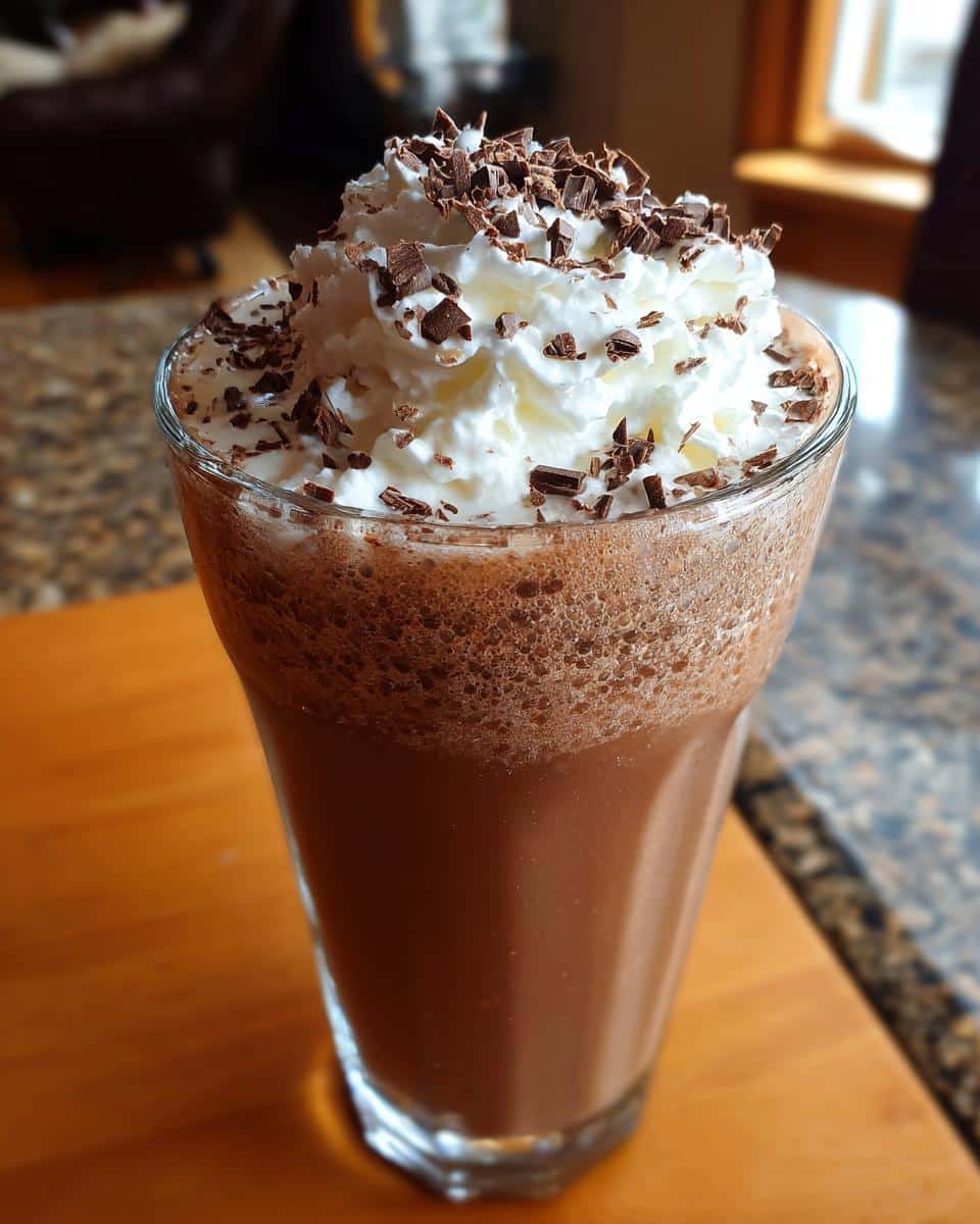 A tall glass filled with a frothy, chocolatey frozen hot chocolate recipe, topped with whipped cream and chocolate shavings.