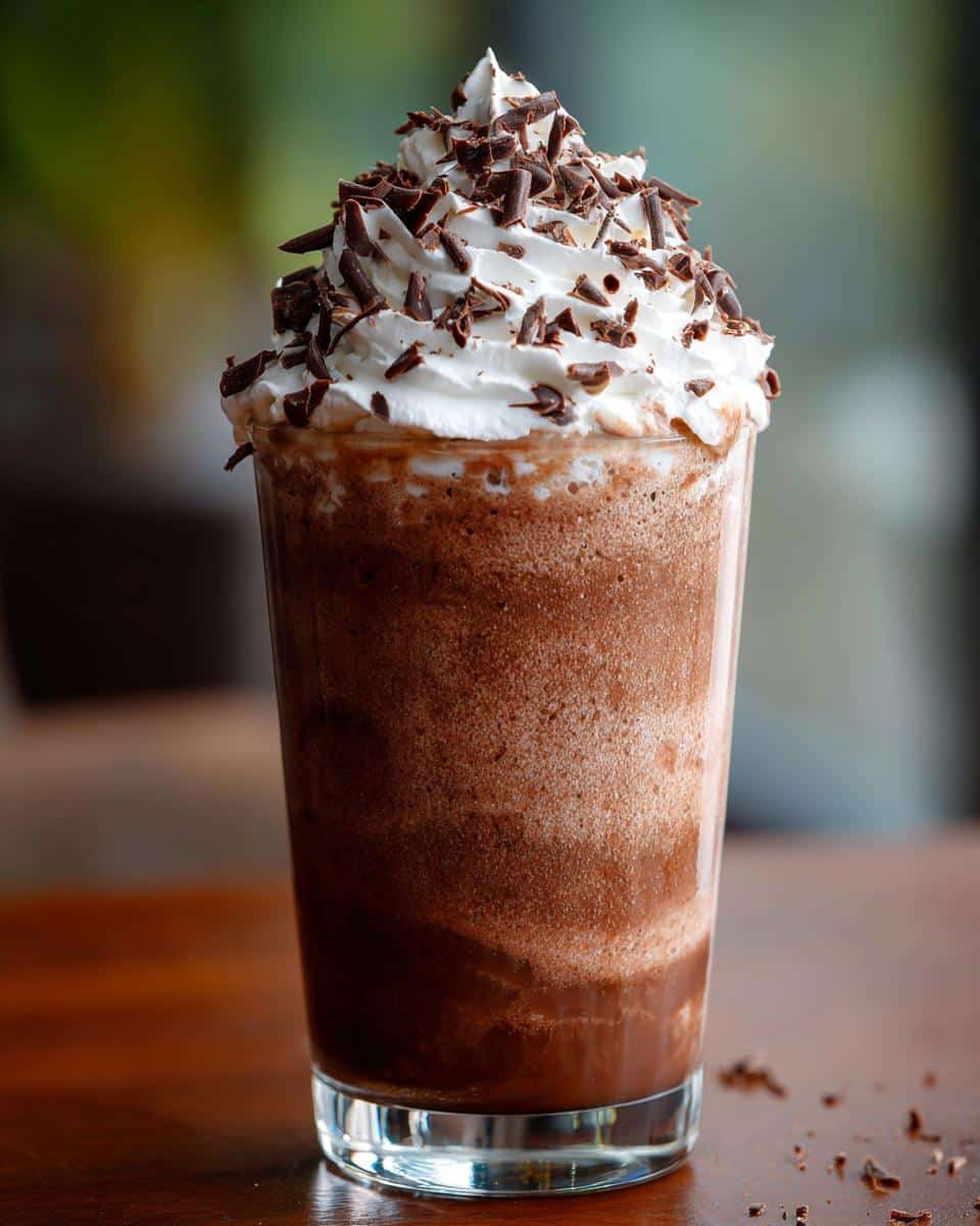 A tall glass filled with a decadent frozen hot chocolate recipe, topped with whipped cream and chocolate shavings.