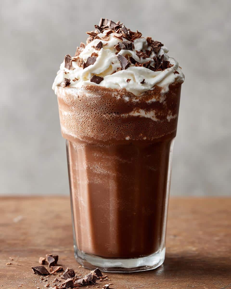 A tall glass filled with a frothy frozen hot chocolate, topped with whipped cream and chocolate shavings.