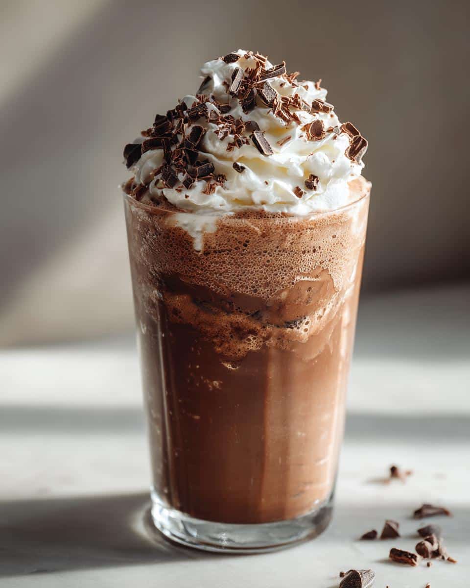 A tall glass filled with a frothy frozen hot chocolate, topped with whipped cream and chocolate shavings.