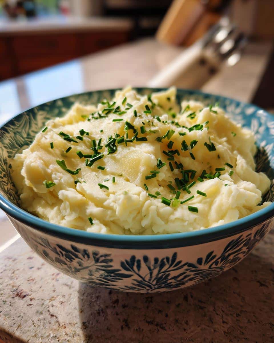A close-up of a bowl filled with fluffy Garlic Mashed Potatoes, topped with fresh chopped chives.