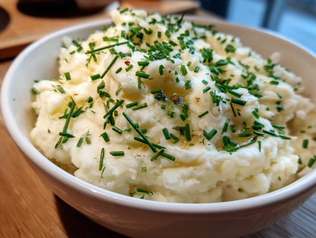 A close-up of a bowl filled with fluffy Garlic Mashed Potatoes, topped with melted butter and fresh chives.