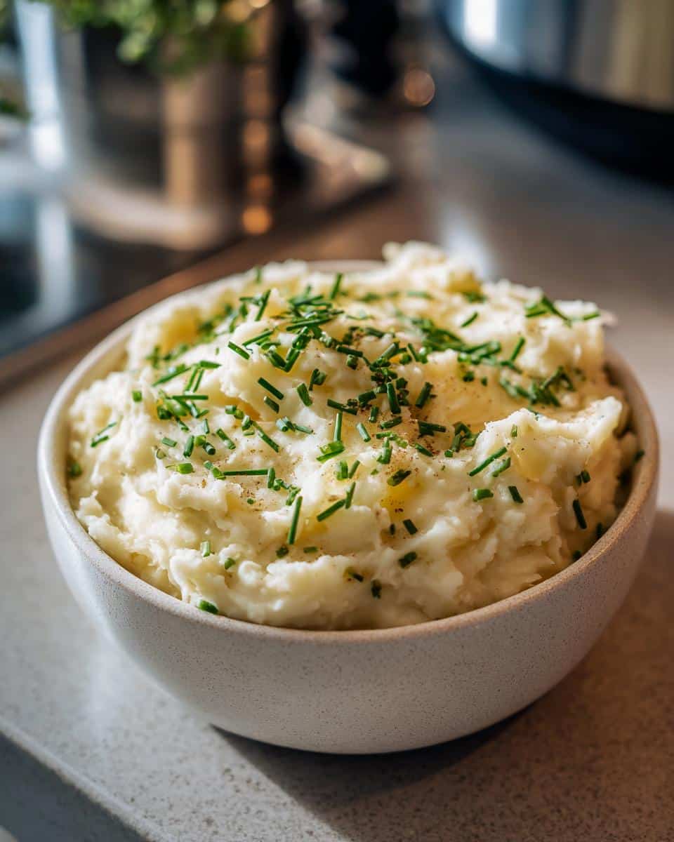 A bowl of fluffy Garlic Mashed Potatoes topped with fresh chives and a sprinkle of pepper.