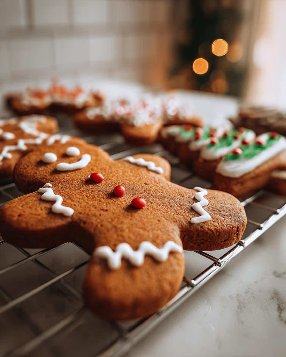 Close-up of decorated gingerbread cookies cooling on a rack, featuring a gingerbread man with white icing and red candies.