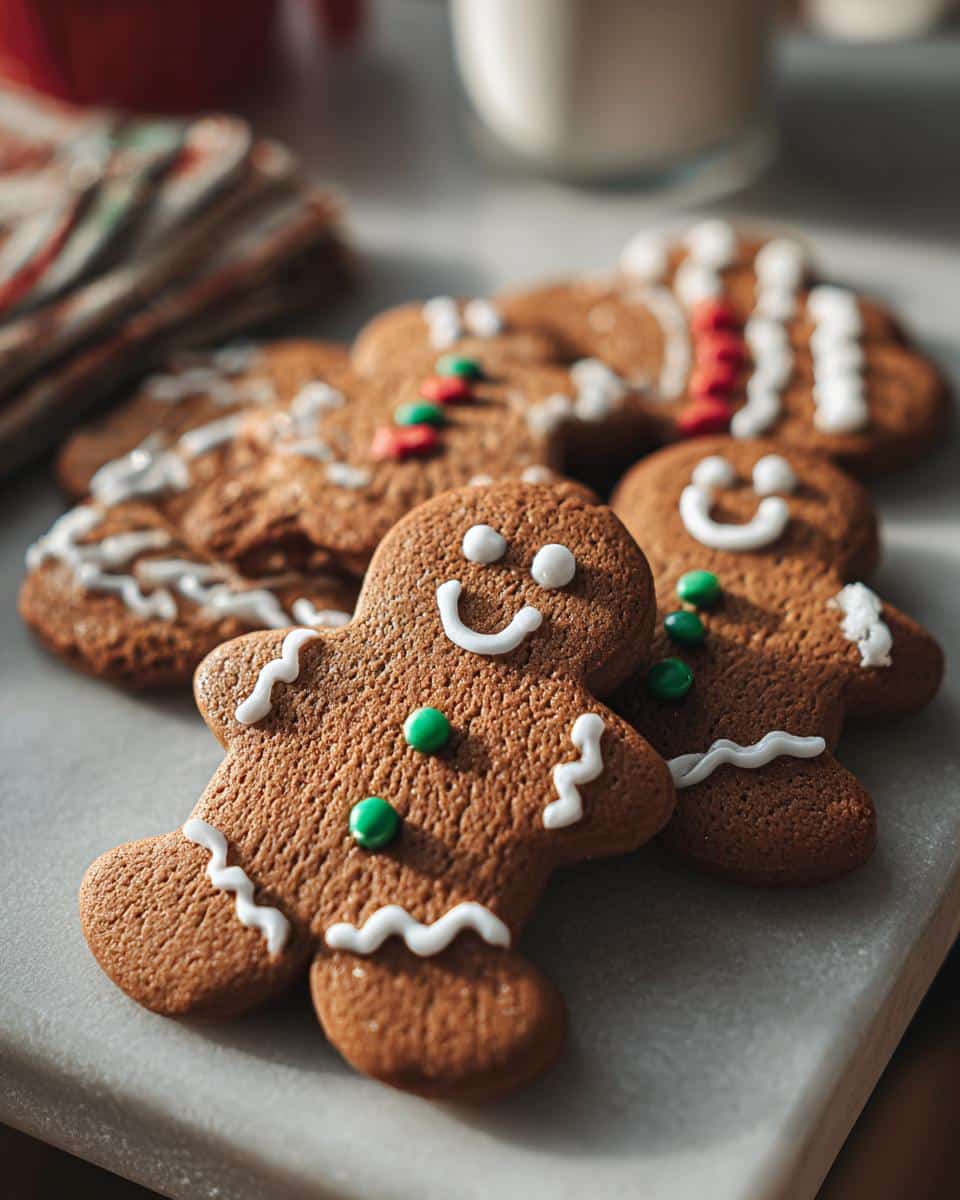 A close-up of decorated gingerbread cookies, including gingerbread men with icing and candy.
