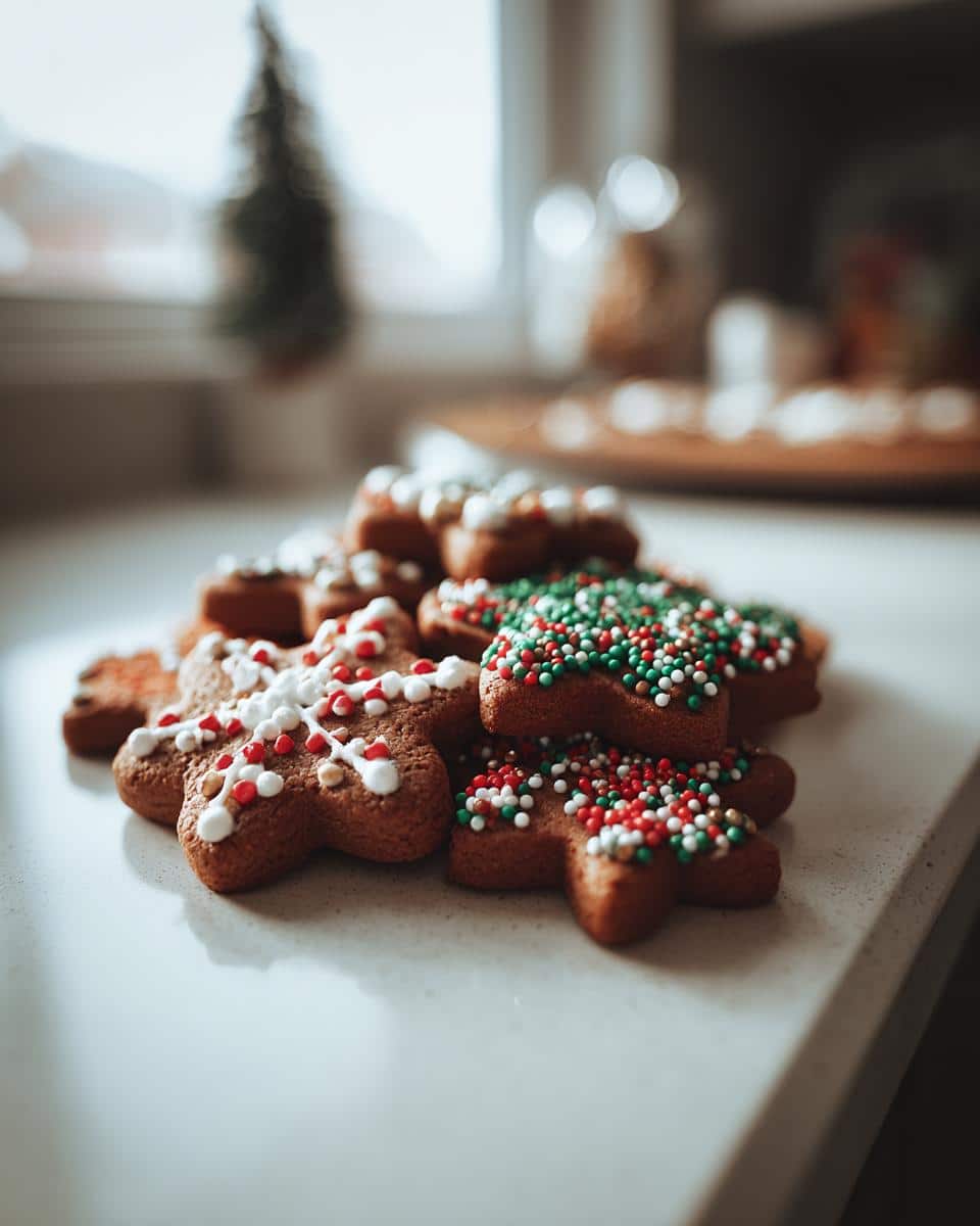 A pile of decorated gingerbread cookies with festive red, green, and white sprinkles.