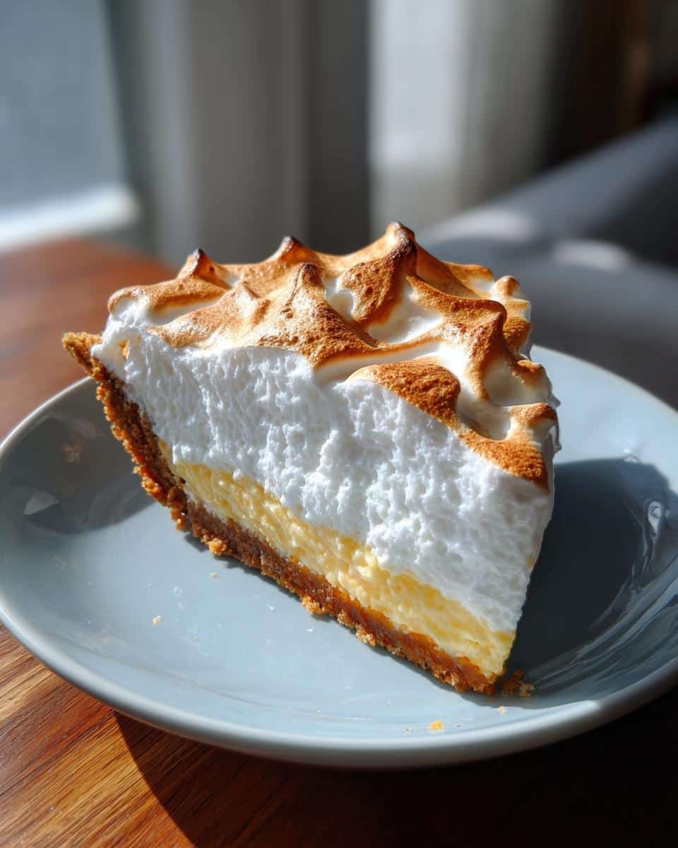 A slice of Gluten-Free Key Lime Pie with toasted meringue on a blue plate.