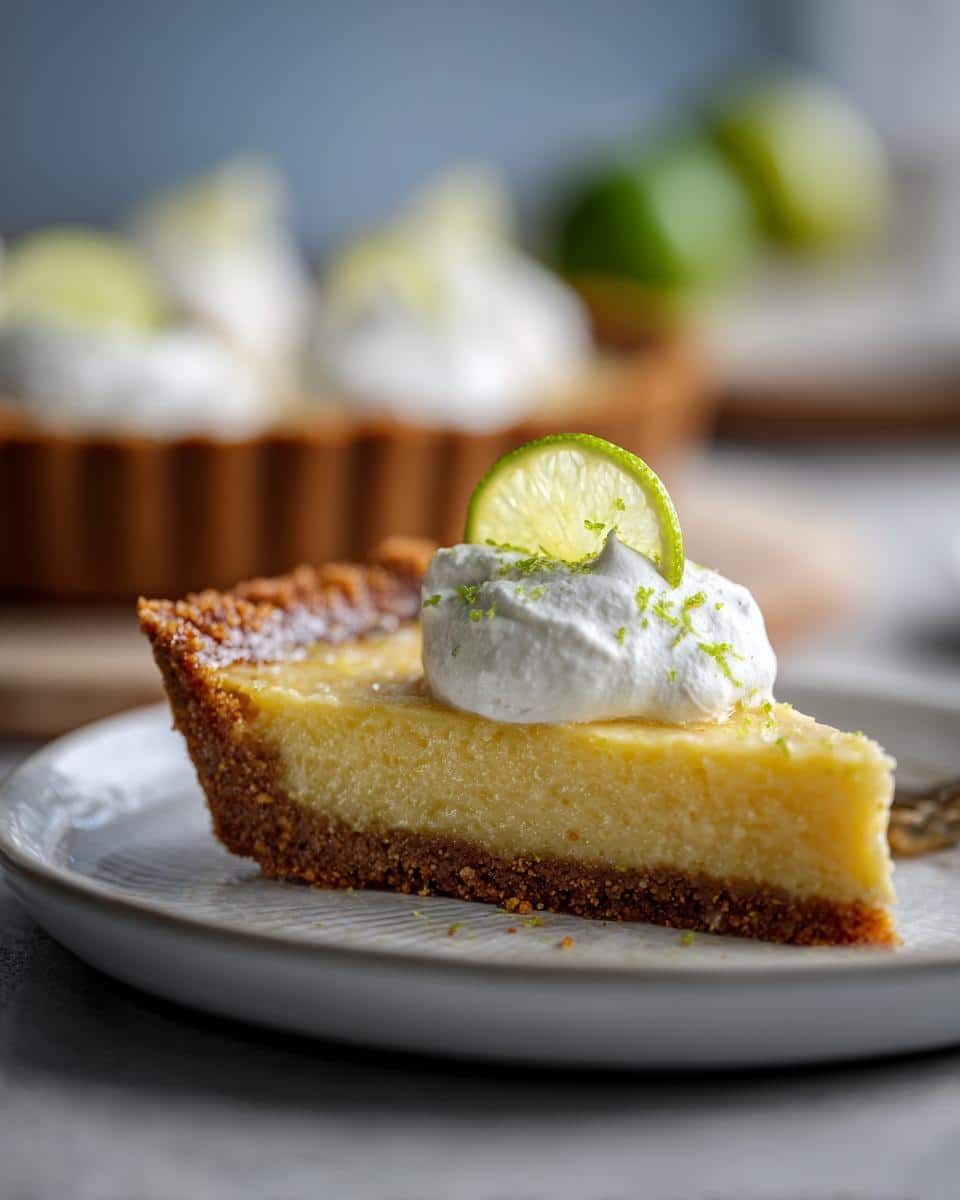 A slice of Gluten-Free Key Lime Pie with whipped cream and lime garnish on a plate.