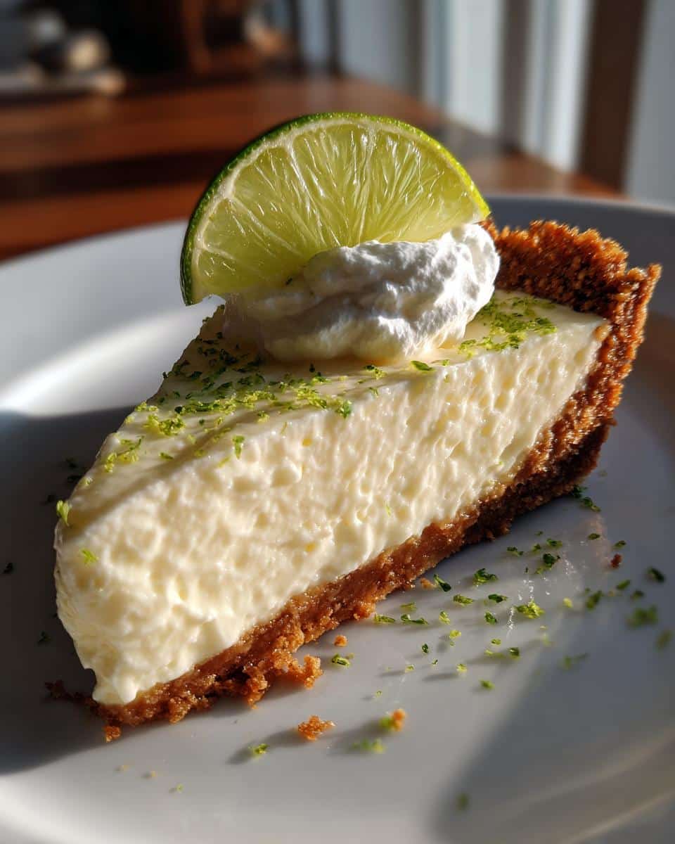 A slice of Gluten-Free Key Lime Pie topped with whipped cream and a lime wedge on a white plate.