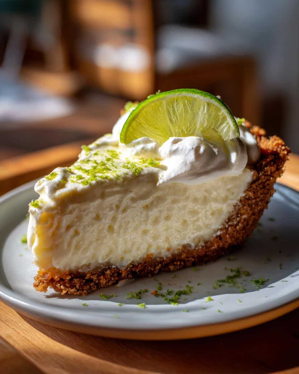 A delicious slice of Gluten-Free Key Lime Pie with a graham cracker crust, whipped cream, and lime garnish.