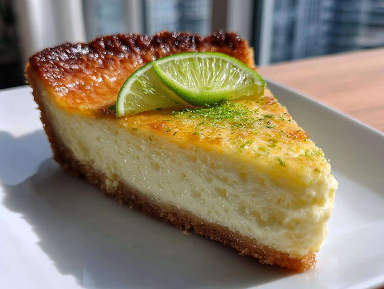 A delicious slice of Gluten-Free Key Lime Pie on a white plate, garnished with lime slices and zest.
