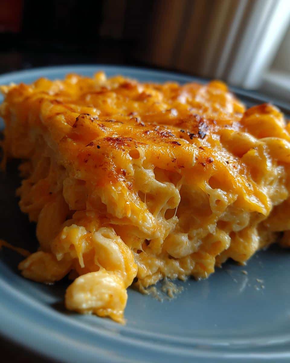 A close-up of a square slice of creamy mac and cheese, with melted, bubbly cheese topping.