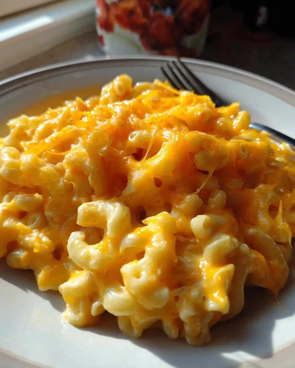 Close-up of a steaming bowl of Grandma's creamy mac and cheese topped with melted cheddar.