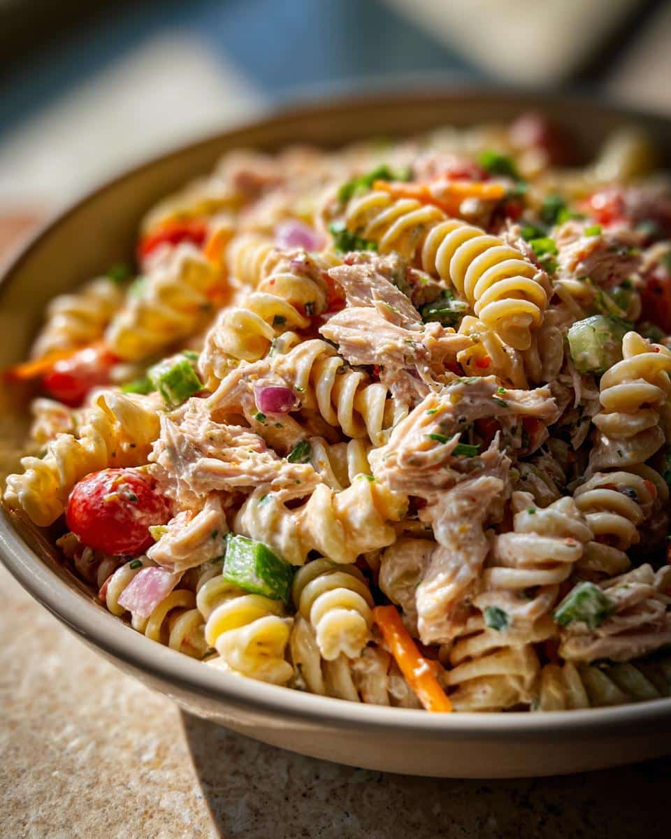 Close-up of Grandma's Perfect Tuna Pasta Salad with rotini pasta, tuna, cherry tomatoes, cucumber, and red onion.