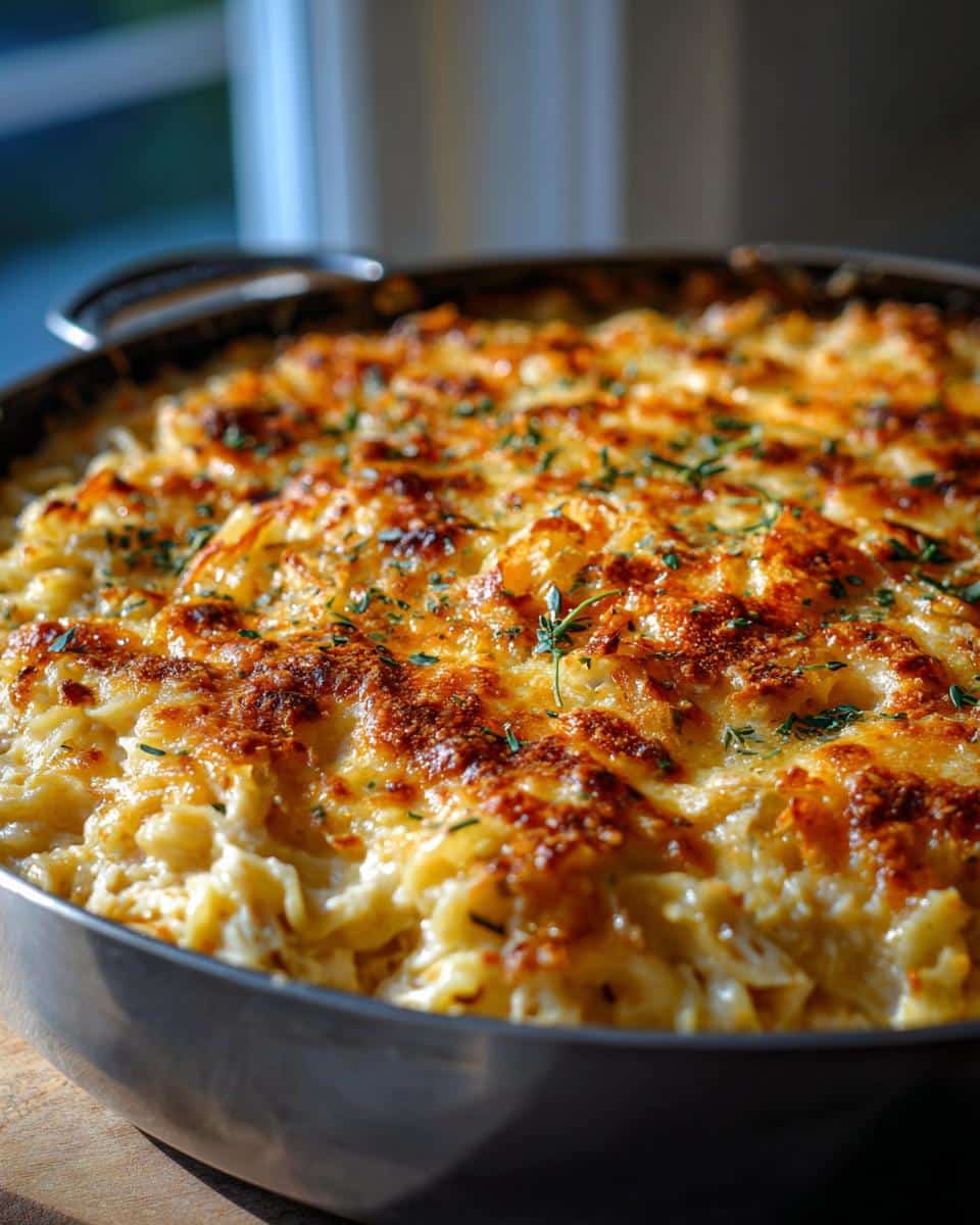 Close-up of a bubbling, golden-brown baked tuna casserole in a pan, garnished with fresh herbs.