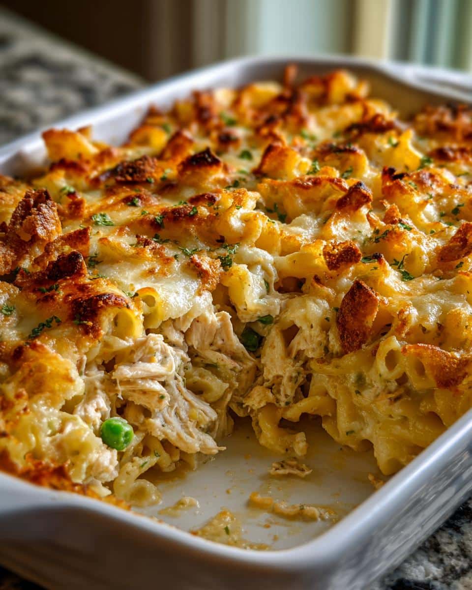 A close-up of Grandma's Tuna Casserole featuring pasta, shredded tuna, peas, and a golden-brown cheesy topping.