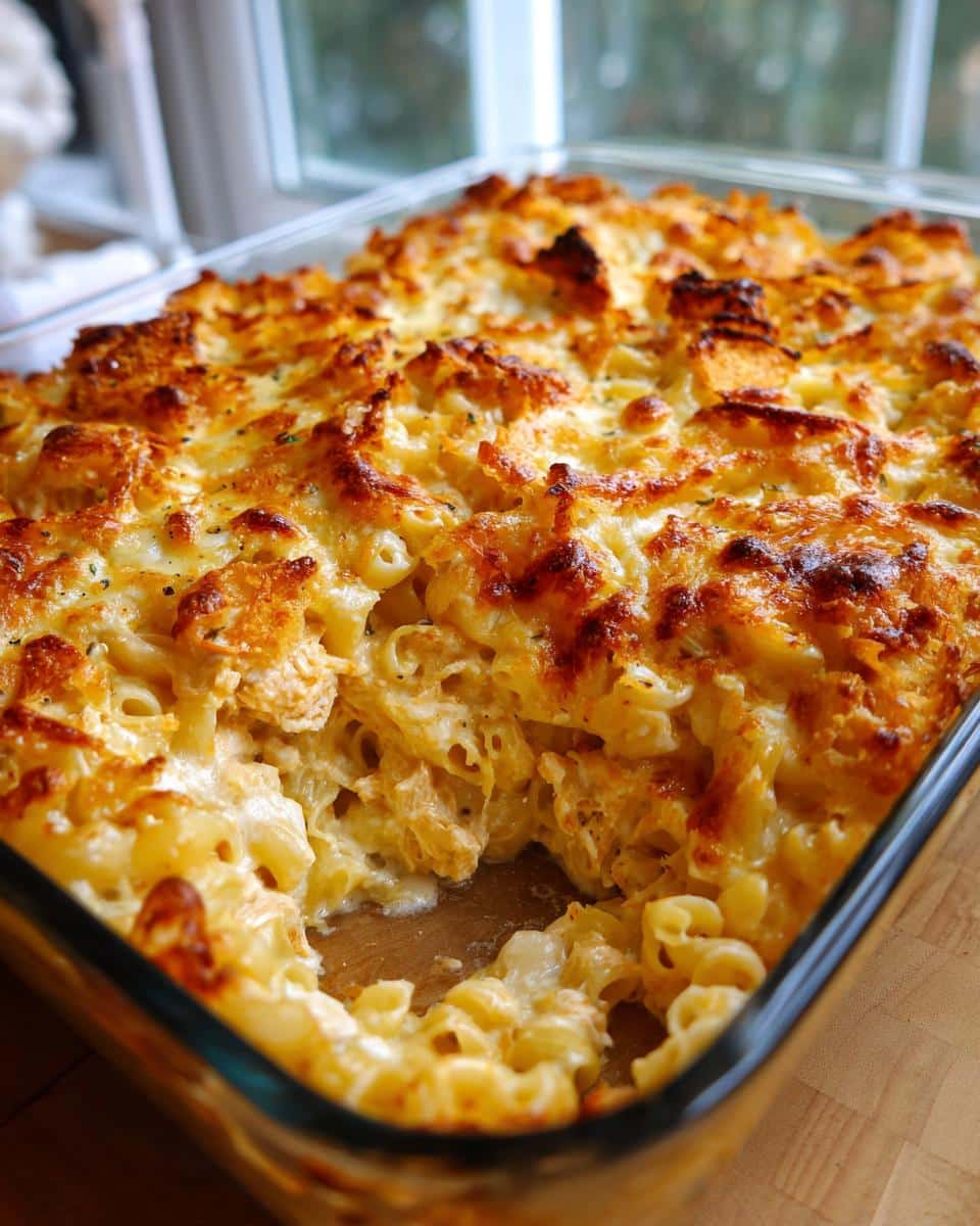 A close-up of a freshly baked tuna casserole in a glass baking dish, with golden-brown cheesy pasta.