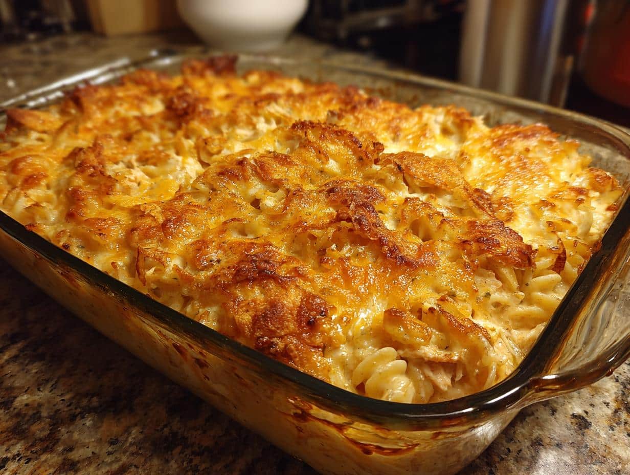A golden-brown baked tuna casserole in a glass baking dish, with melted cheese topping.