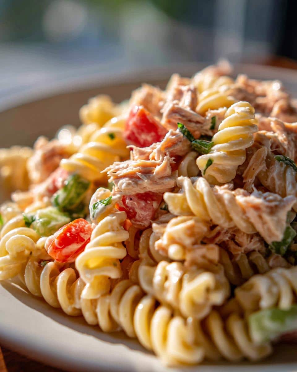 A close-up of Grandma's perfect tuna pasta salad, featuring rotini pasta, flaked tuna, tomatoes, and creamy dressing.