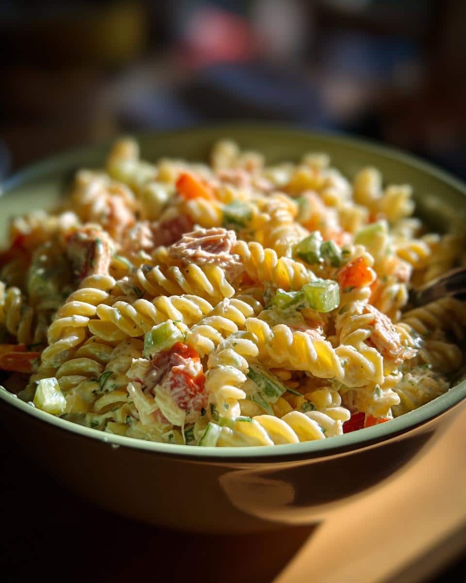 A close-up of Grandma's perfect tuna pasta salad in a bowl, featuring fusilli pasta, tuna chunks, celery, and red bell peppers.