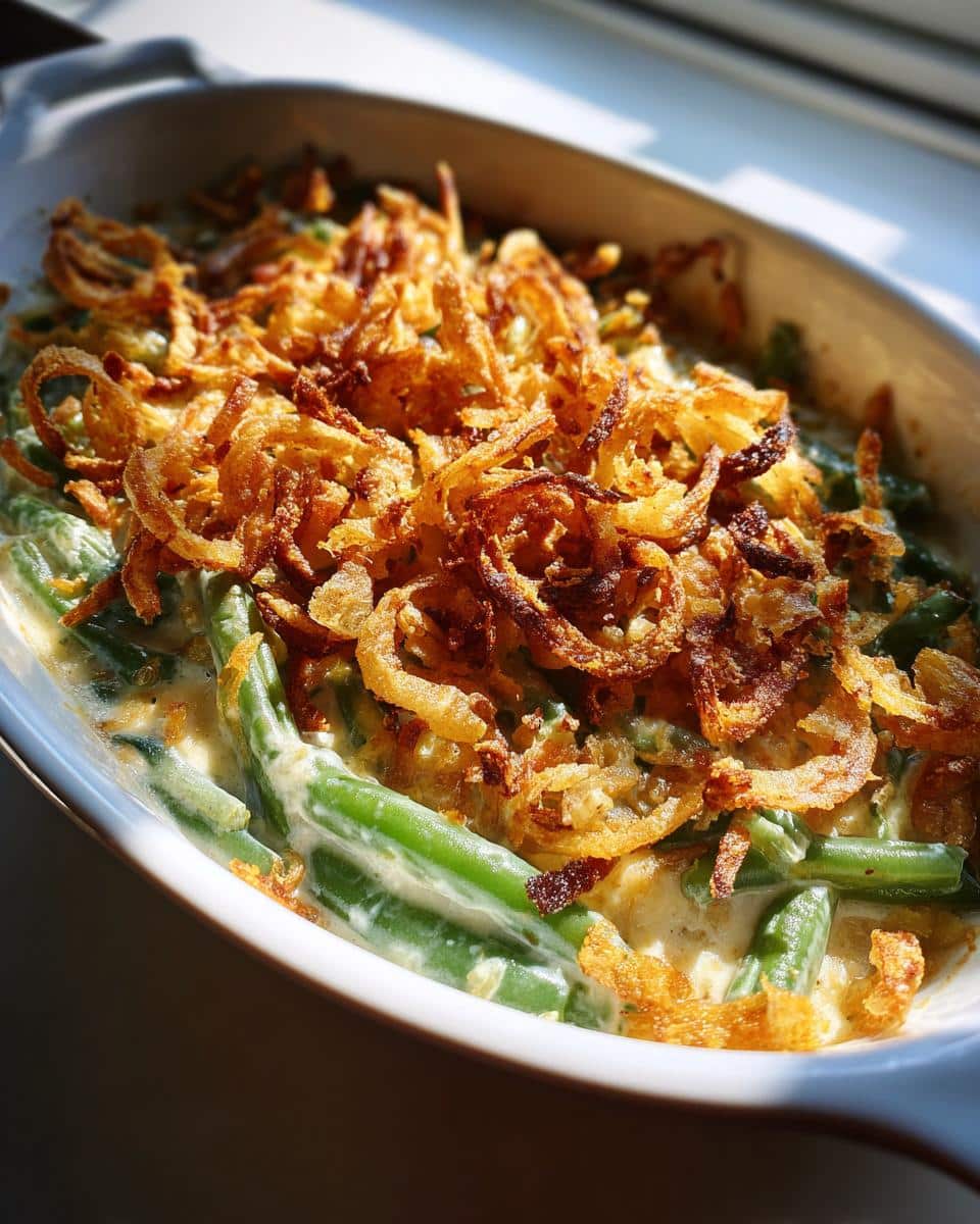 A close-up of a freshly baked green bean casserole topped with golden crispy fried onions.